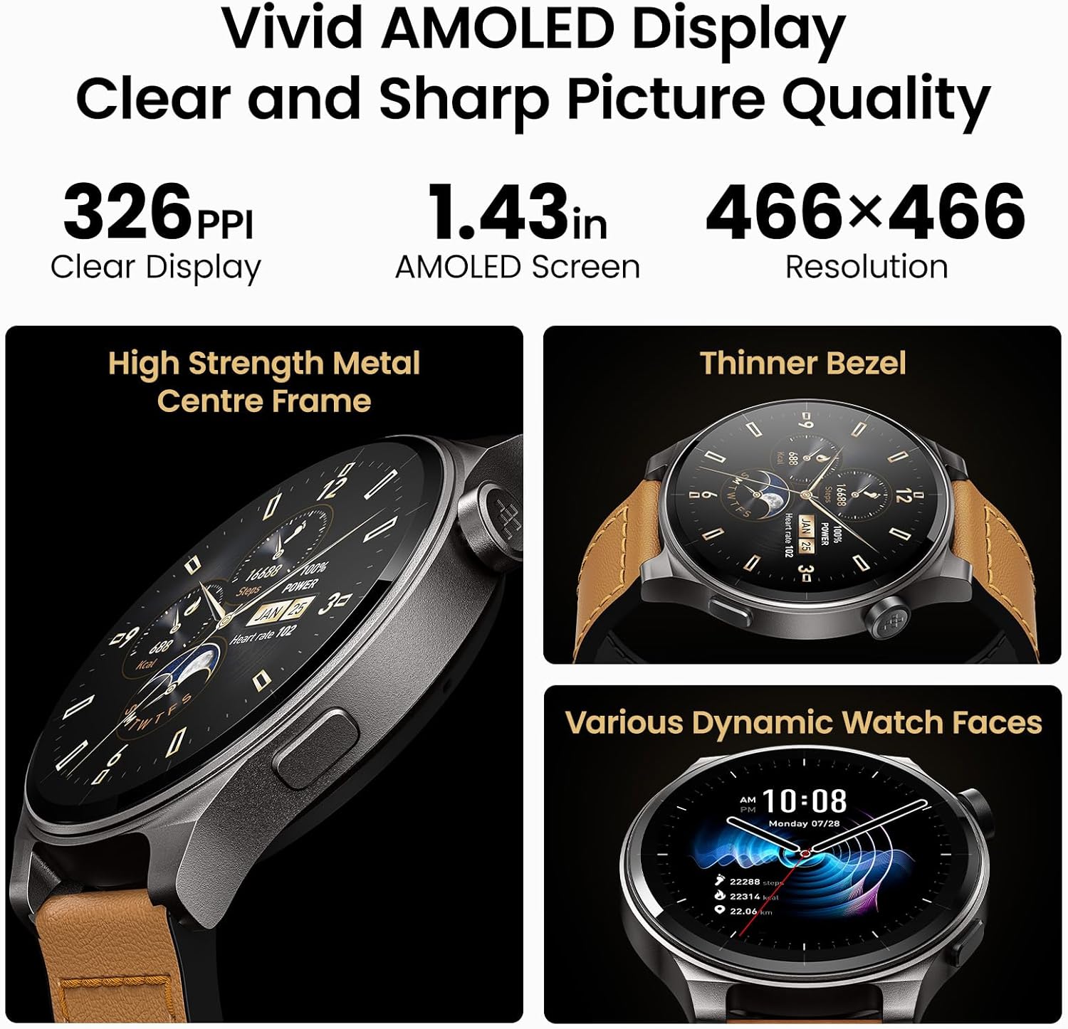 TOZO AMOLED S5 Smart Watch (Answer/Make Calls), 1.43’’ HD Screen for Men Women 100+ Sport Modes Fitness Watchs with Blood Oxygen/Sleep/Heart Rate Monitor, IP68 Waterproof, Leather Band Orange - Image 2