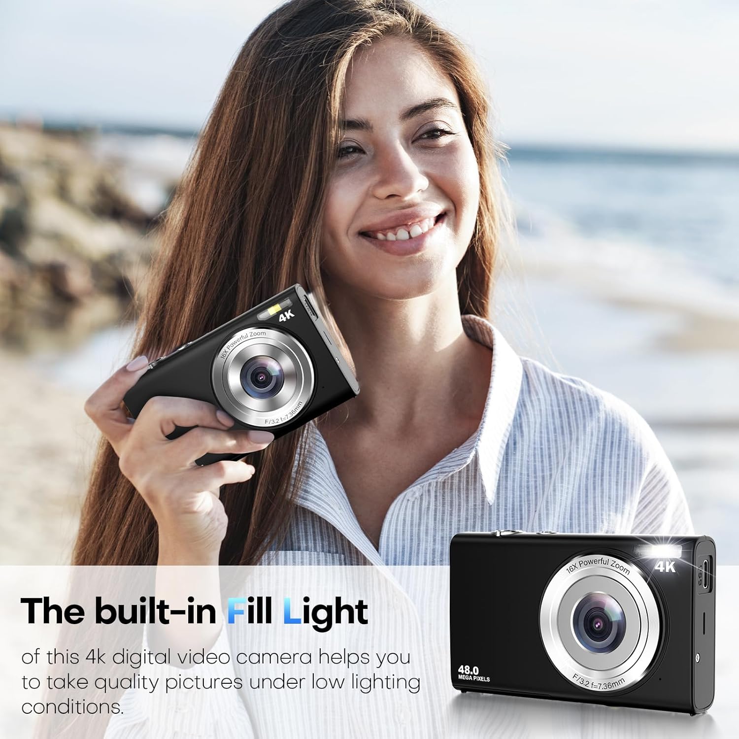 Digital Camera, Autofocus UHD 4K Vlogging Camera with 32GB Card, 48MP 16X Digital Zoom Digital Camera, Anti-Shake Portable YouTube Compact Point Shoot Camera for Teens Adult Beginner(Black) - Image 5