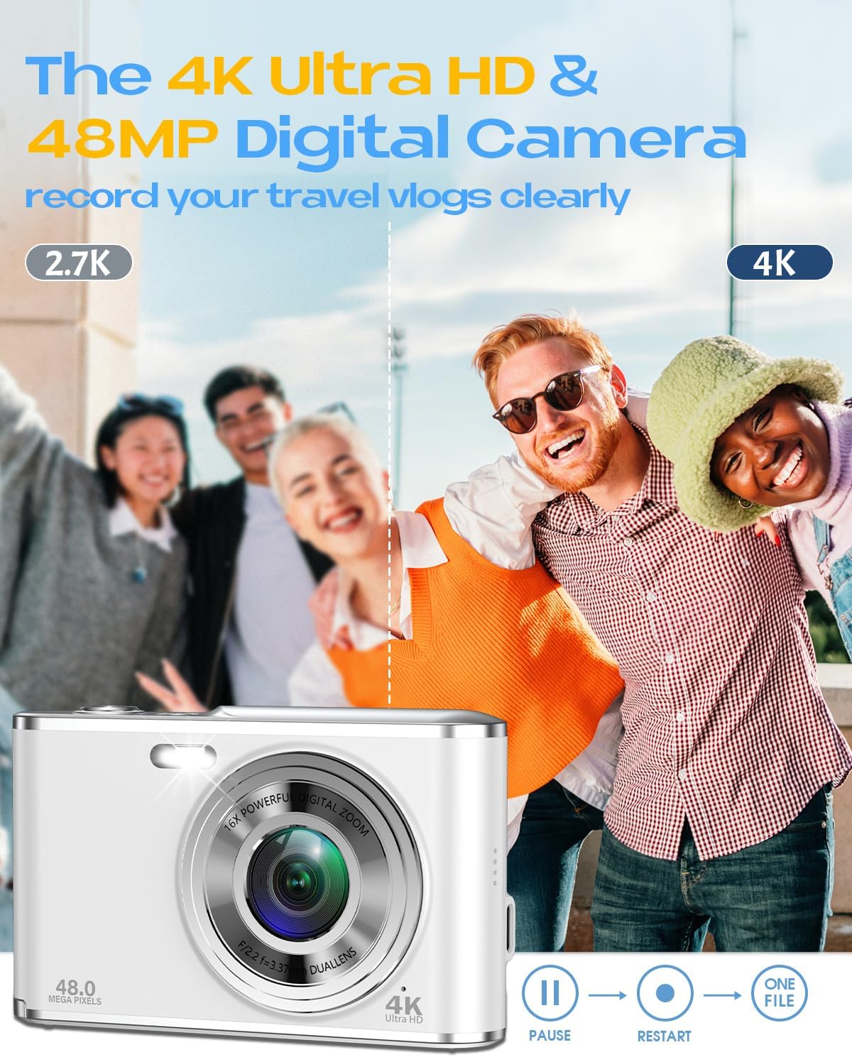 Digital Camera, UHD 4K Digital Camera with Front and Rear Camera, Autofocus 48MP 16X Digital Zoom Vlogging Camera with 32GB Card, 2.8 Inch Screen Compact Photo Shoot Camera for Beginners(White) - Image 3