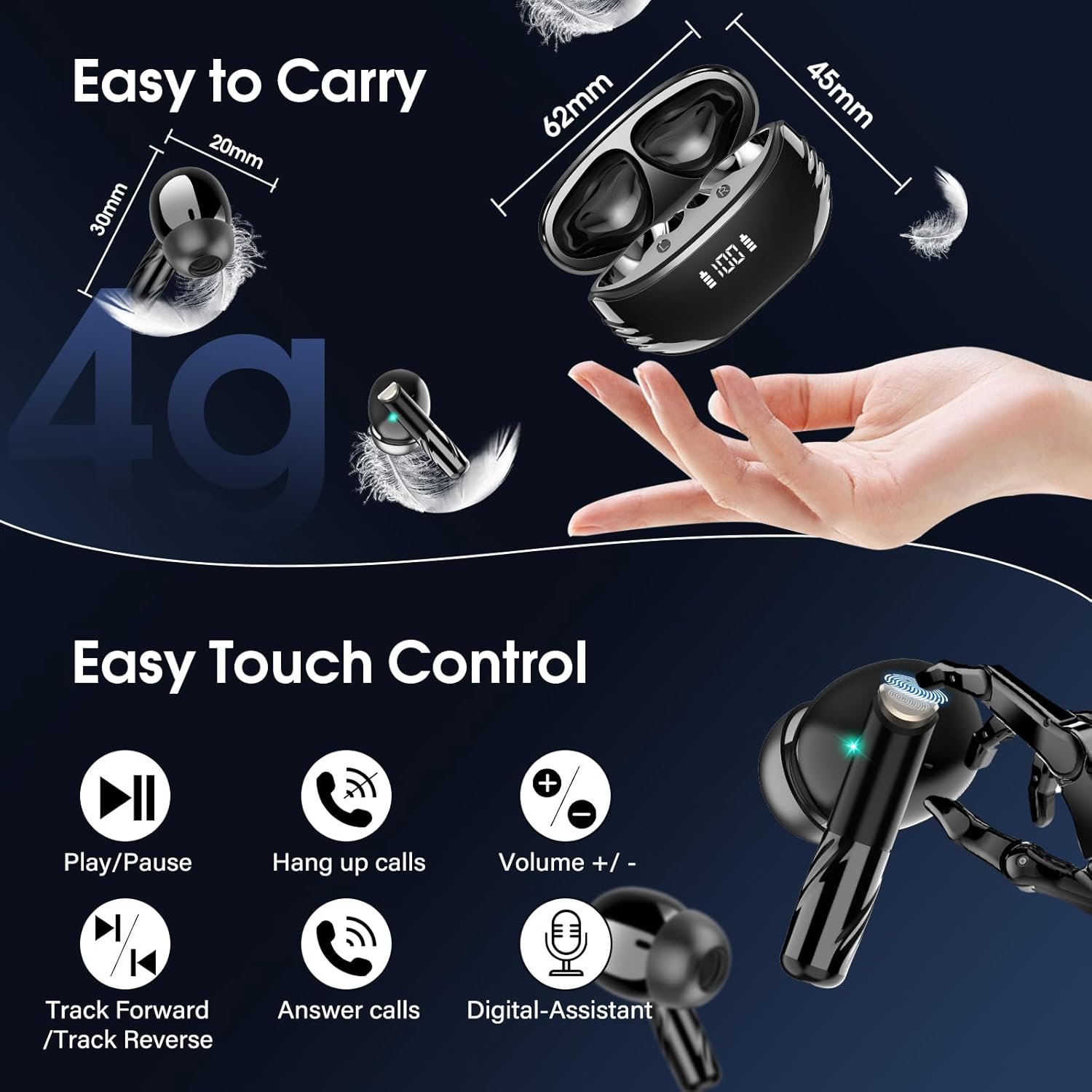 Wireless Earbuds Bluetooth 5.4 Headphones Premium Sound Ear Buds with ENC Noise Cancelling, 48H Playback in Ear Earphones with LED Display, IPX7 Waterproof Earbuds for iOS Andriod Sport/Workout/Black - Image 5