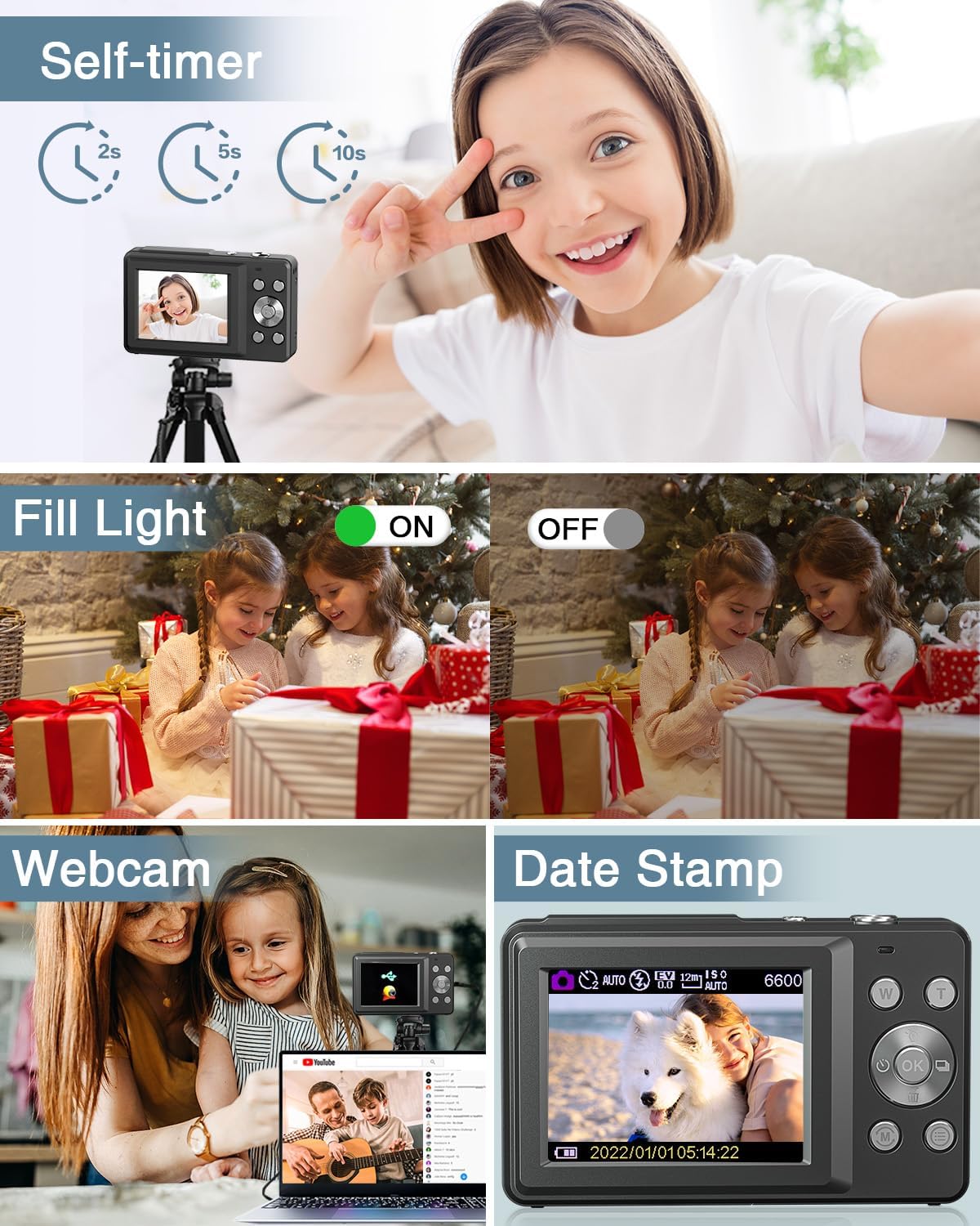 Digital Camera, Lecran FHD 1080P Kids Camera 44MP with 32GB Card, 2 Batteries, Lanyard, 16X Zoom Anti Shake, Compact Portable Small Point Shoot Camera for Kids Student Children Teens Girl Boy(Black) - Image 6