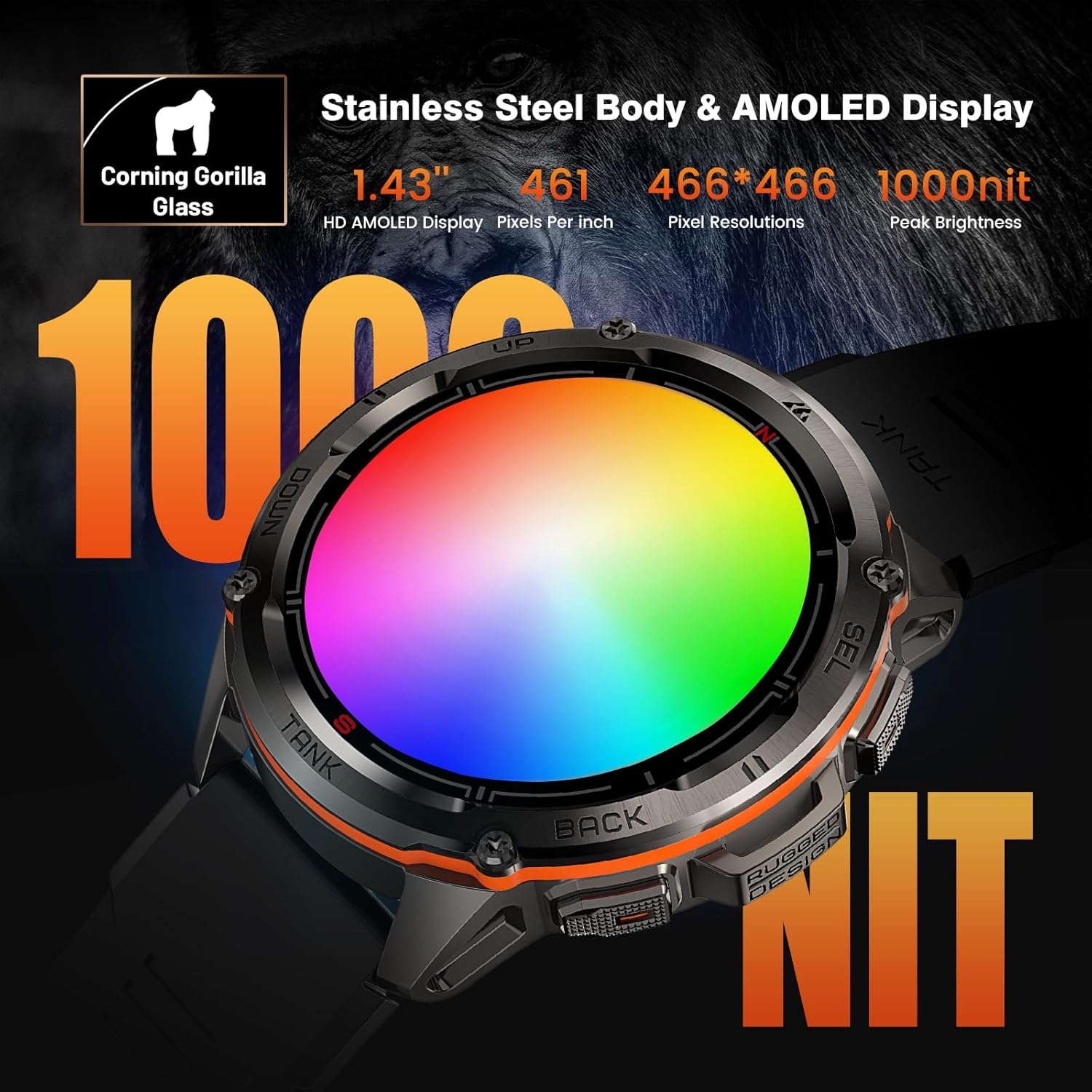 AMAZTIM GPS Smart Watch for Men, 6 Satellite Positioning, Compass, Stainless Steel Body, 50M Waterproof, 470mAh Extra-Large Battery, Answer/Make Call, 1.43" AMOLED Screen, Compatible for Android iOS - Image 5