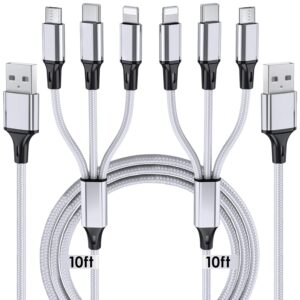 Multi Charging Cable, 10ft 2Pack Multi Phone Charger Cable Braided Universal 3 in 1 Charging Cord Extra Long Multiple USB Cable with USB C, Micro USB Port Connectors for Cell Phones and More