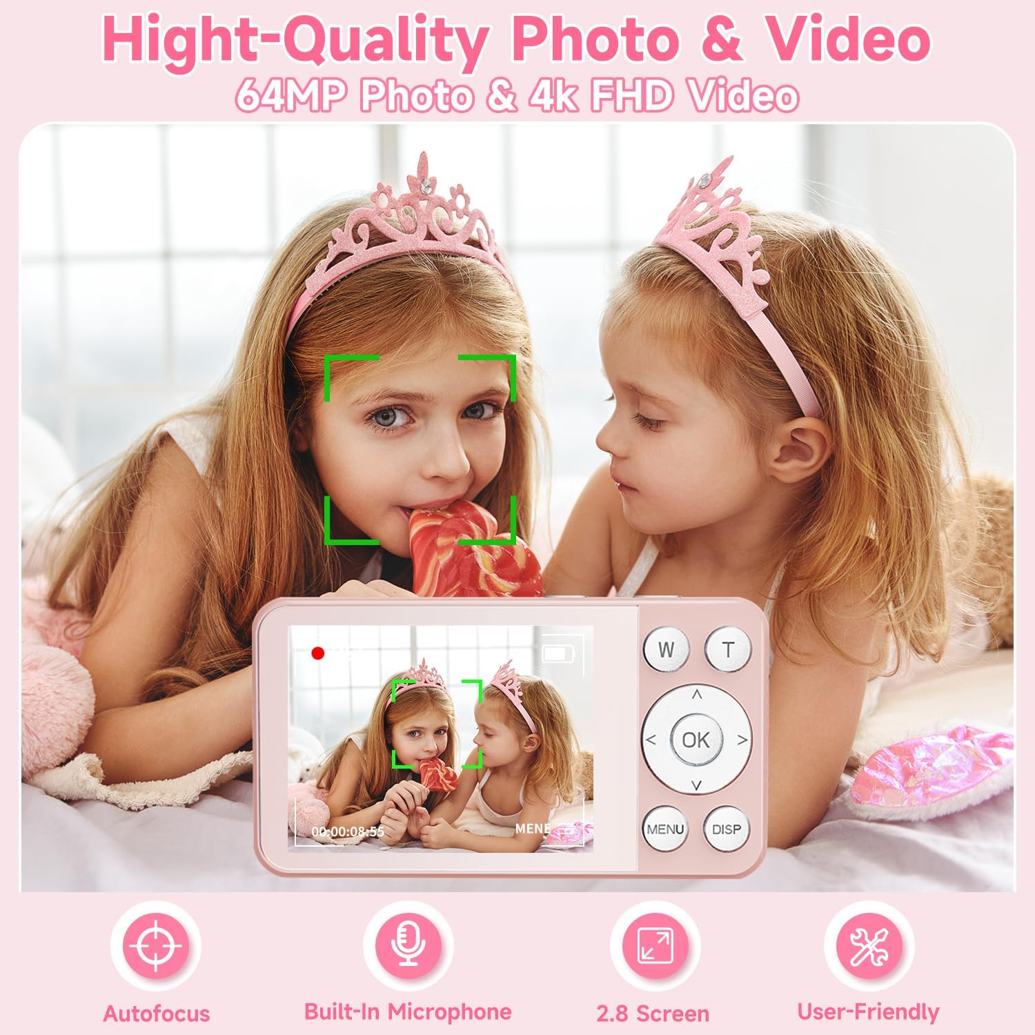 Digital Camera, Autofocus 4K 64MP Point and Shoot Digital Cameras for Teens with 64GB Card, 18X Zoom Anti-Shake Compact Video Camera for Student Kids Boys Girls Beginner - Pink - Image 2