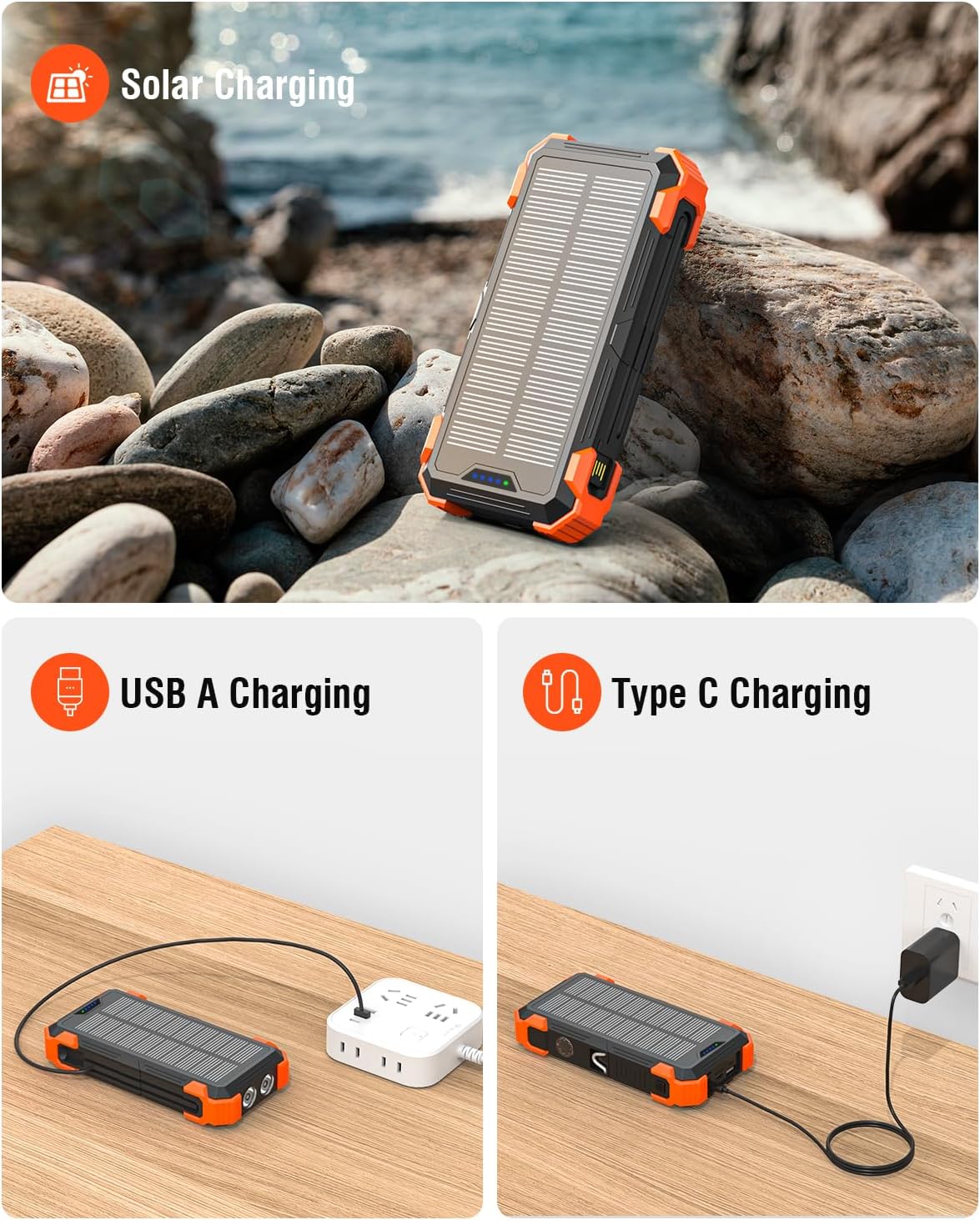 Solar Charger Power Bank, 42800mAh Wireless Portable Charger with USB-C in/Output, QC3.0 Fast Charging 15W 4 Ports Outdoor Battery Pack Built-in Dual Led Flashlights for iPhone Samsung etc - Image 6