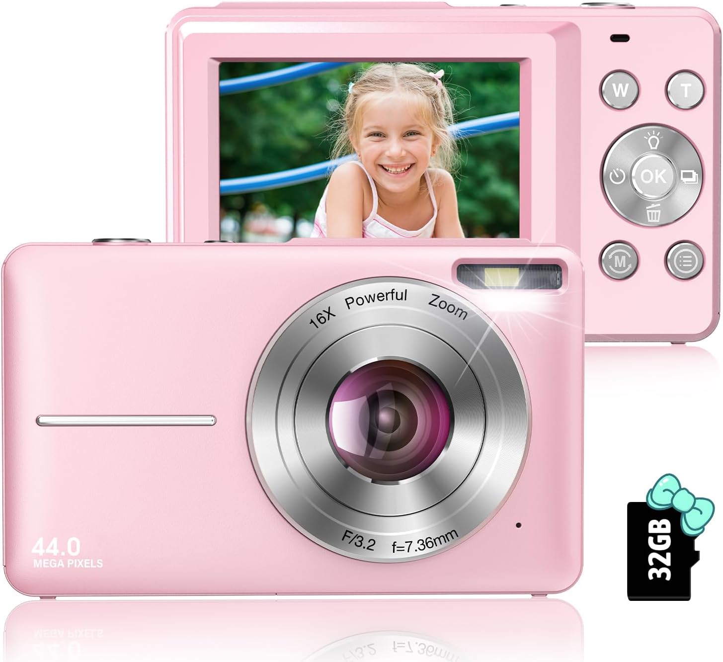 Digital Camera, FHD 1080P Digital Camera for Kids with 16X Zoom Anti Shake, Flashlight, 44MP Point and Shoot Camera Compact Small Digital Camera for Teens, Girls, Boys, Students - Pink