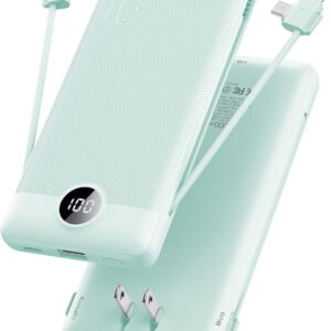 VRURC Portable Charger Built-in Cables and AC Wall Plug, USB C Power Bank 10000mAh, Portable Phone Charger Compact Lightweight External Battery Pack for Smart Phones, Tablets etc-Green