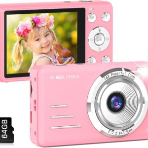 Digital Camera, FHD 1080P Kids Camera, 48MP Point and Shoot Digital Cameras with 64GB Card, 16X Zoom, Anti Shake, Compact Small Camera for Kids Gifts for Teens Girls Boys