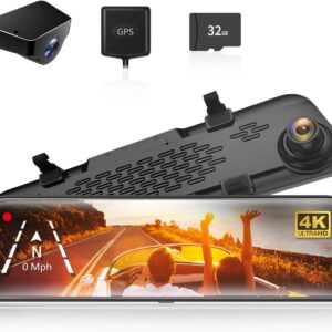 WOLFBOX G840S 12" 4K Mirror Dash Cam Backup Camera, 2160P Full HD Smart Rearview Mirror for Cars & Trucks, Front and Rear View Dual Cameras, Night Vision, Parking Assistance, Included 32GB Card & GPS