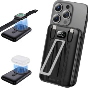 Portable Charger Power Bank 10000mAh, Fast Charging Battery Pack with Built-in Cables, Compatible with iPhone, Samsung, Android, Apple Watch, AirPods, Magnetic Wireless Charging Black