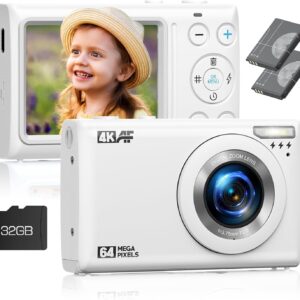 Digital Camera 4K 64MP with 32GB Card, Point and Shoot Digital Camera with 18X Digital Zoom, 2 Batteries, Compact Small Camera for Teens Kids Boys Girls
