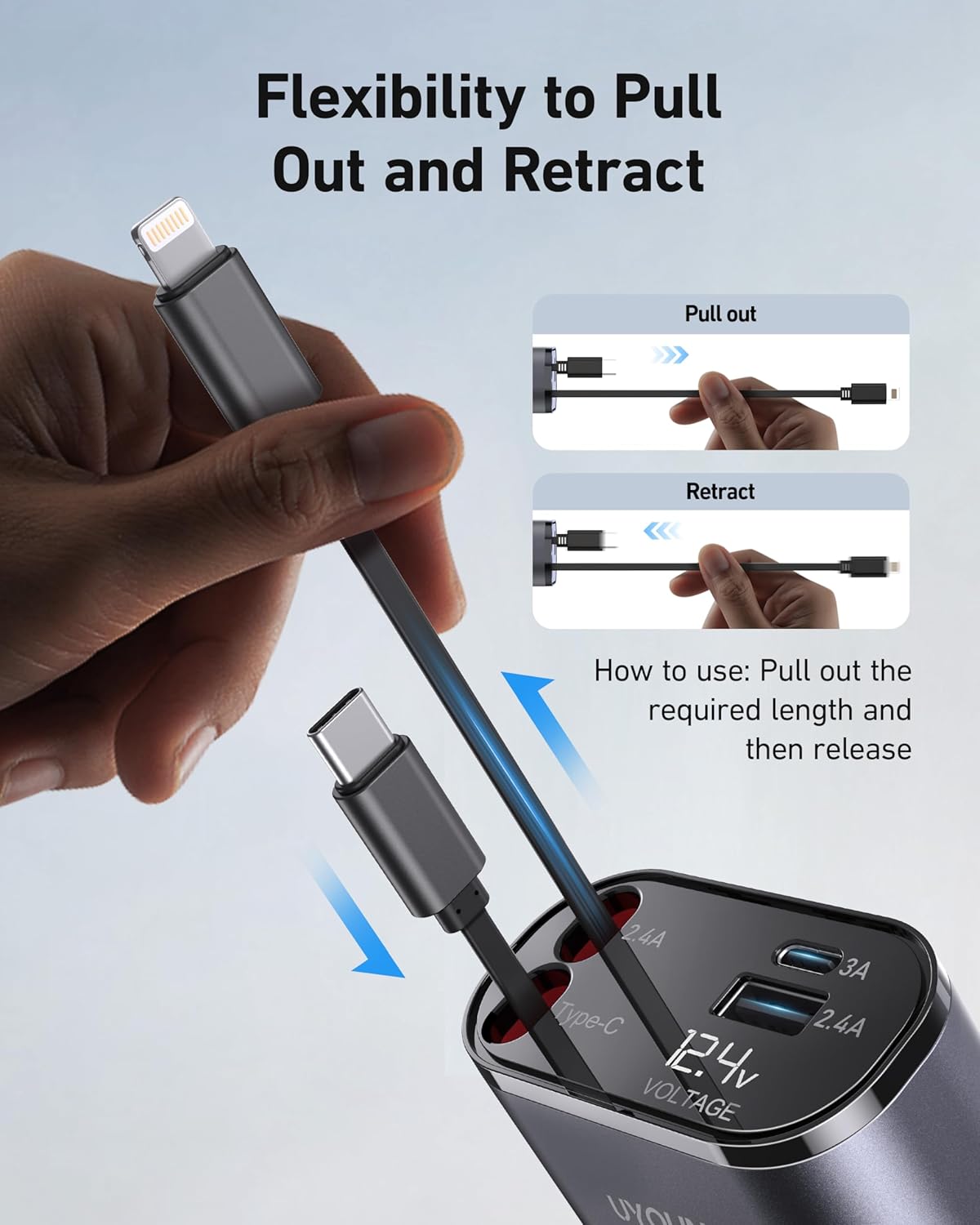 iPhone Car Charger, Retractable Fast Car Phone Charger 100W for CarPlay, 4 in 1 Car Charger Adapter with 2 Cables 31.5 Inch and 2 USB Ports, Compatible with iPhone 16/15/14/13/12/11 Pro/Samsung - Image 5