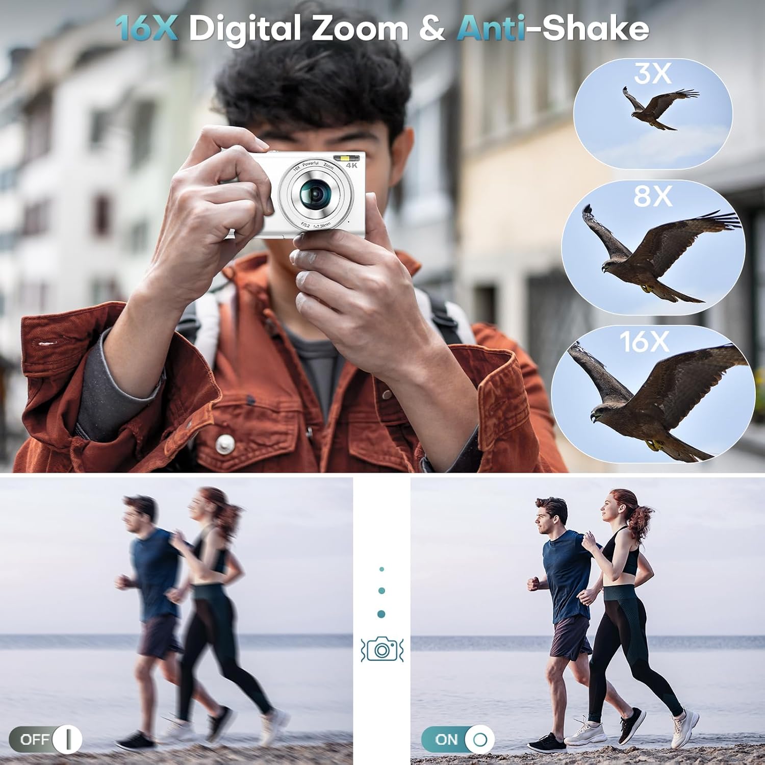 Digital Camera, Autofocus UHD 4K Vlogging Camera with 32GB Card, 48MP 16X Digital Zoom Digital Camera, Anti-Shake Portable YouTube Compact Point Shoot Camera for Teens Adult Beginner(White) - Image 4