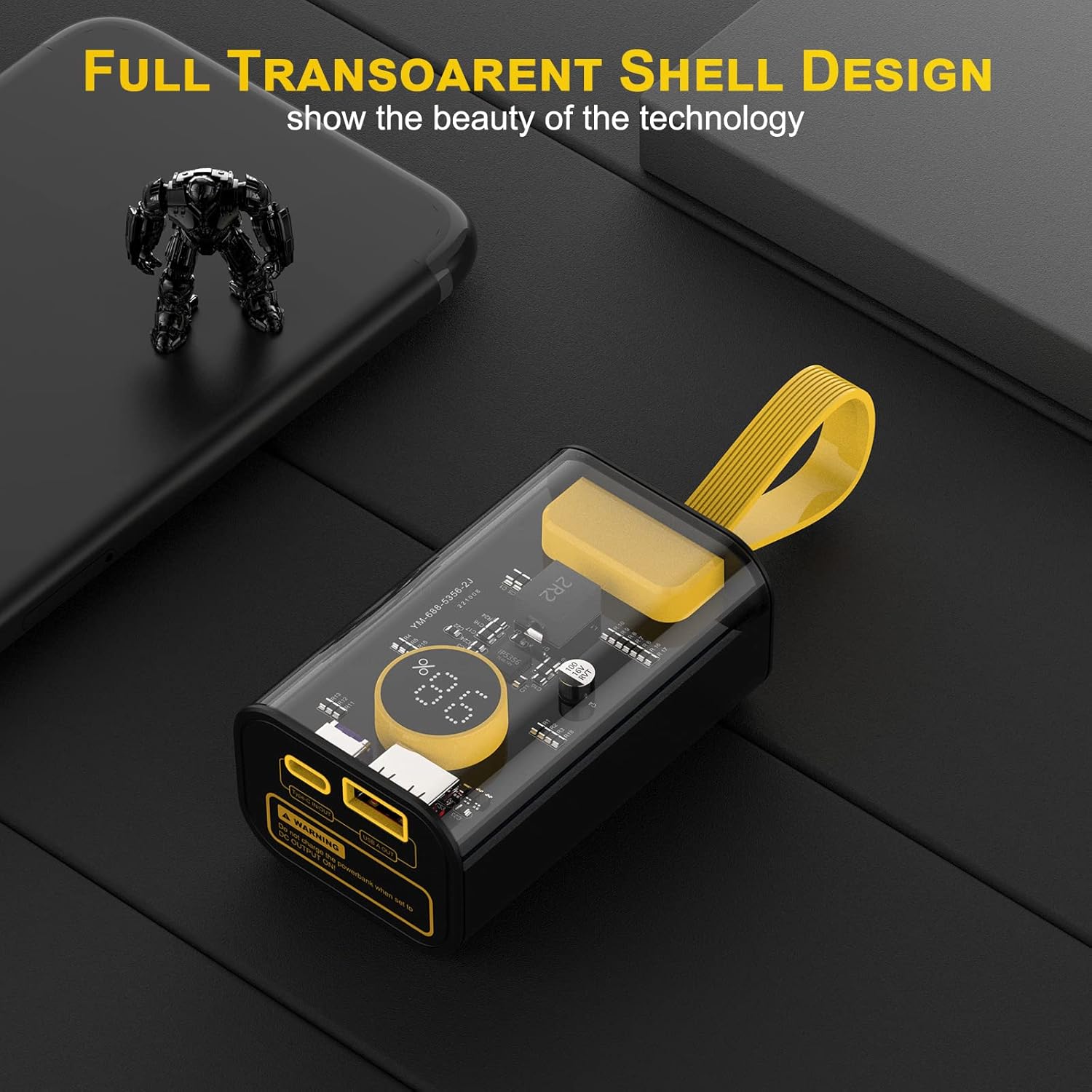 Portable Charger 10000mAh,22.5W Fast Charging Small Power Bank,Transparent External Battery Pack,Input/Output External USB C Portable Phone Charger for iPhone iPad Samsung LG Android Cellphone (Black) - Image 4