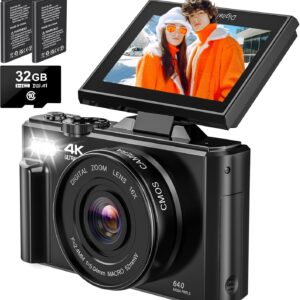 4K Digital Camera - Digital Cameras for Photography - 64MP Vlogging Camera for YouTube - Autofocus Video Camera 3" 180° Flip Screen with 18X Zoom - Compact Travel Cameras with 32GB SD Card 2 Batteries