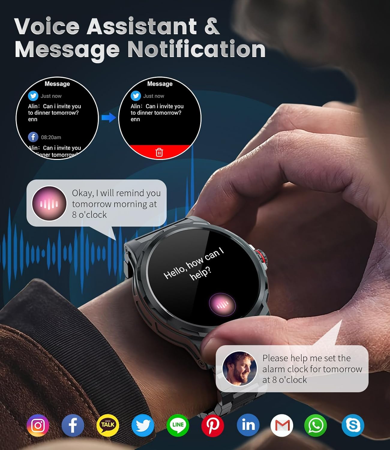 Military Smart Watch for Men(Answer/Dial Calls),1.46'' AMOLED Touchscreen/5ATM Waterproof/120+ Sports Modes Fitness Watch with Blood Pressure/Heart Rate/SpO2/Pedometer for Android iOS Smartwatch Black - Image 7