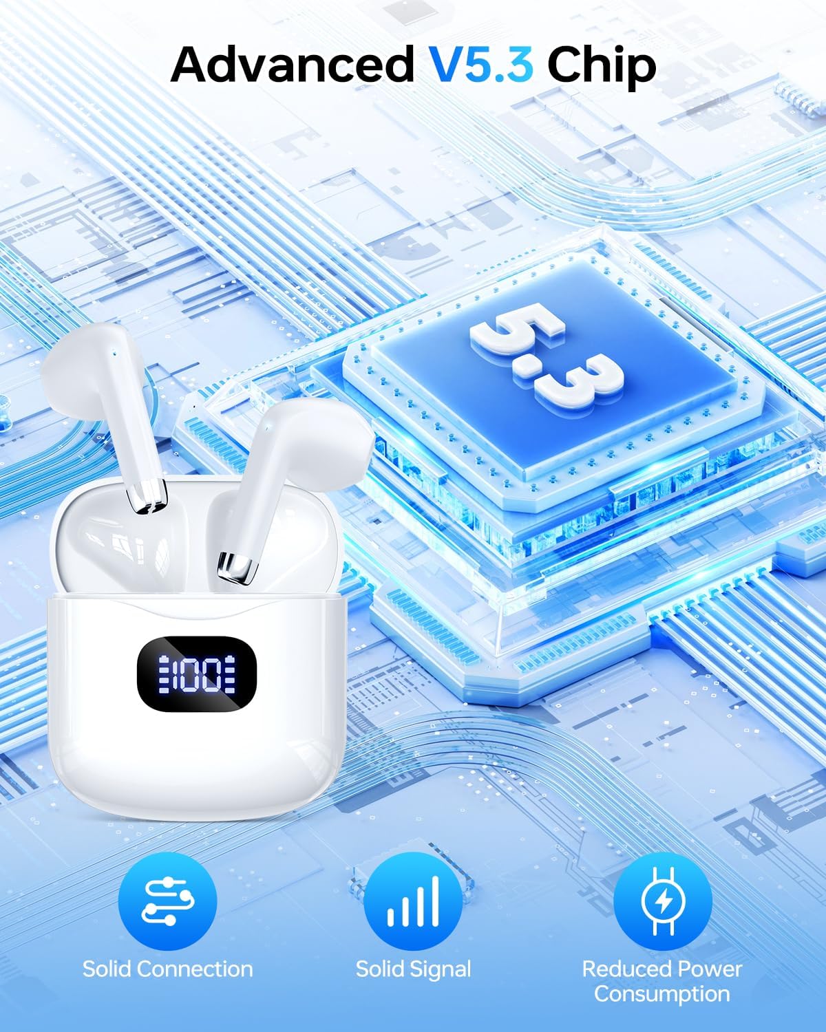 Wireless Earbuds Bluetooth 5.3 Headphones, 40Hrs Playback Stereo Ear Buds with LED Display Charging Case IPX7 Waterproof in-Ear Earphones with Mic for Phone Tablet Laptop Sports, White - Image 4