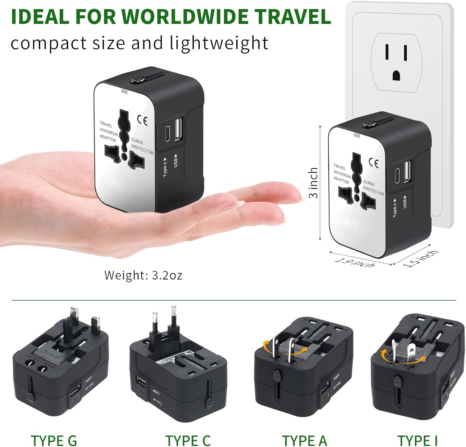 Travel Adapter, Worldwide All in One Universal Travel Adapter Wall Charger AC Power Plug Adapter with USB Type C Charging Ports for USA EU UK AUS, White - Image 4
