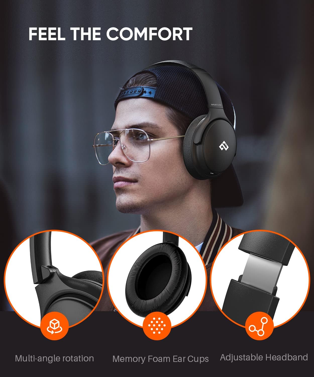 INFURTURE Active Noise Cancelling Headphones, H1 Wireless Over Ear Bluetooth Headphones, Deep Bass Headset, Low Latency, Memory Foam Ear Cups,40H Playtime - Image 5