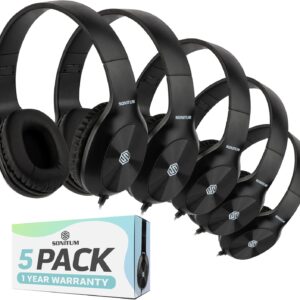 Kids Headphones, 5-Pack, On-Ear, 3.5mm Wired, Adjustable, Cushioned, Black
