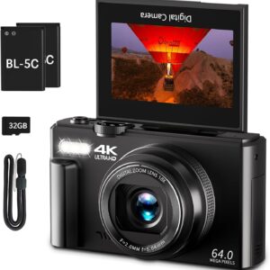 4K Digital Camera for Photography, 64MP Vlogging Camera for YouTube with 3" 180° Flip Screen, 18X Digital Zoom Point and Shoot Camera with 32GB Micro SD Card for Beginner (Black)