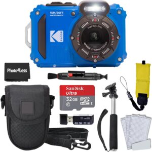 Kodak PIXPRO WPZ2 Rugged Waterproof Shockproof Digital Camera 16MP 4X Optical Zoom 1080P Full HD Video, 2.7" LCD (Blue), 32GB SD Card, Black Compact Camera Case, Floating Strap, Bundle (7 Items)