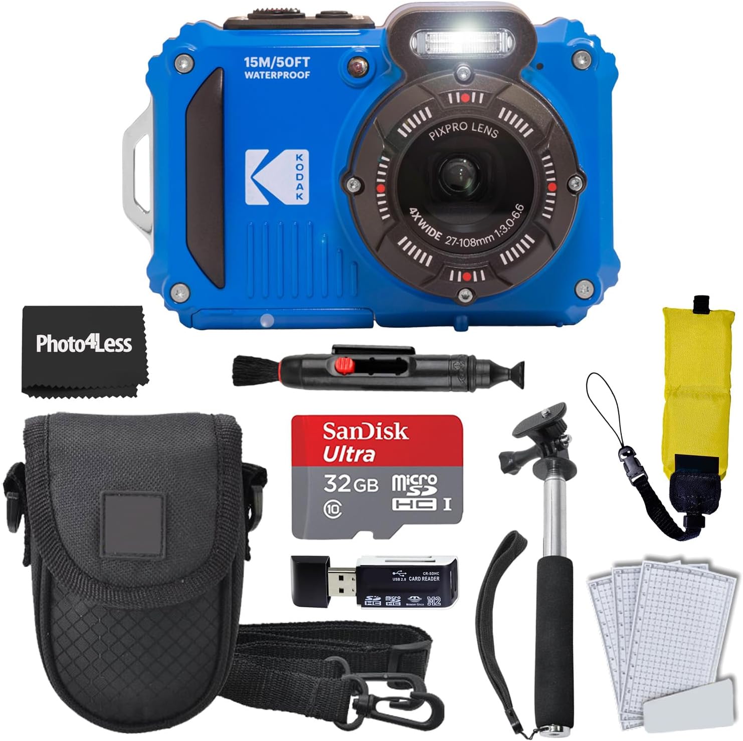 Kodak PIXPRO WPZ2 Rugged Waterproof Shockproof Digital Camera 16MP 4X Optical Zoom 1080P Full HD Video, 2.7" LCD (Blue), 32GB SD Card, Black Compact Camera Case, Floating Strap, Bundle (7 Items)