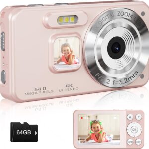 Digital Camera, Autofocus 4K 64MP Point and Shoot Digital Cameras for Teens with 64GB Card, 18X Zoom Anti-Shake Compact Video Camera for Student Kids Boys Girls Beginner - Pink