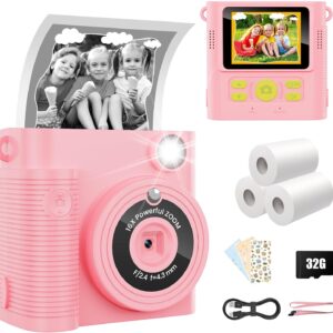 WONNIE Kids Camera Instant Print, Toddler Portable Camera Toys for Ages 3-12, 1080P Selfie Digital Camera with 2.4" Screen, 32GB Card, Christma-s Birthday Gifts for 3 4 5 6 7 8 9 Year Old Girls Pink