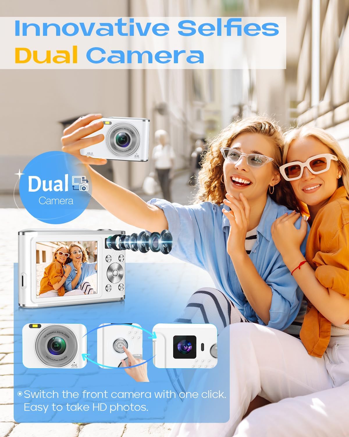 Digital Camera, UHD 4K Digital Camera with Front and Rear Camera, Autofocus 48MP 16X Digital Zoom Vlogging Camera with 32GB Card, 2.8 Inch Screen Compact Photo Shoot Camera for Beginners(White) - Image 2