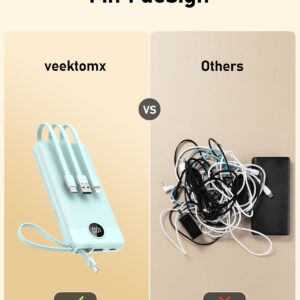 VEEKTOMX Portable Phone Charge with Built in Cables, 10000mAh Ultra Slim Power Bank with 5 Outputs and LED Display, Battery Pack Compatible with iPhone/iPad/Samsung and Other Android Smart Devices