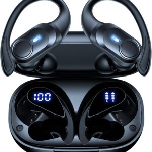 Wireless Earbuds Bluetooth Headphones Ear Buds 70H Playback Digital Display Wireless Charging Case Deep Bass Wireless Earphones Over Ear Sport Waterproof Bluetooth Headset for Workout Running Black