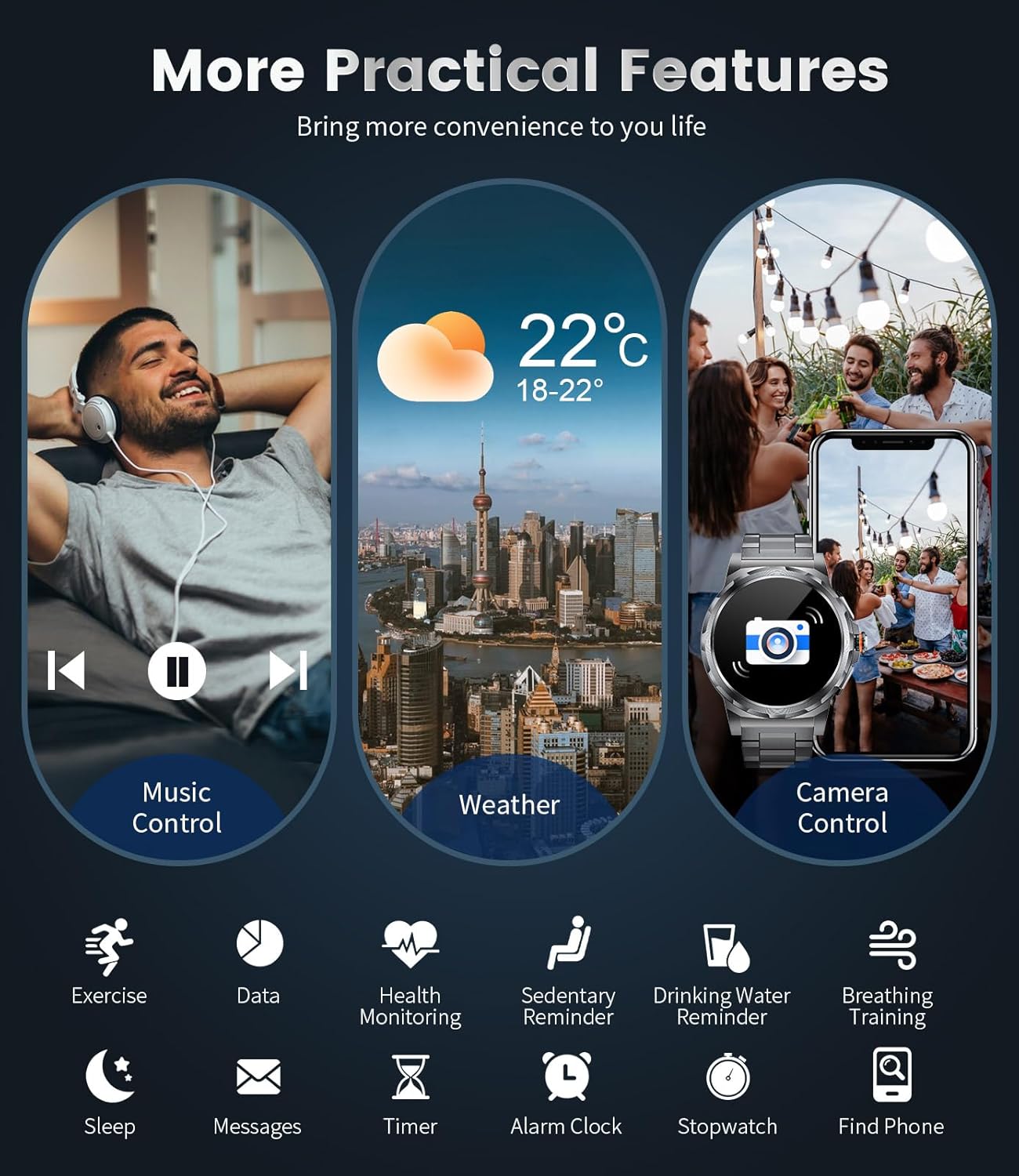 Military Smart Watch for Men(Answer/Dial Calls),1.46'' AMOLED Touchscreen/5ATM Waterproof/120+ Sports Modes Fitness Watch with Blood Pressure/Heart Rate/SpO2/Pedometer for Android iOS Smartwatch Black - Image 9