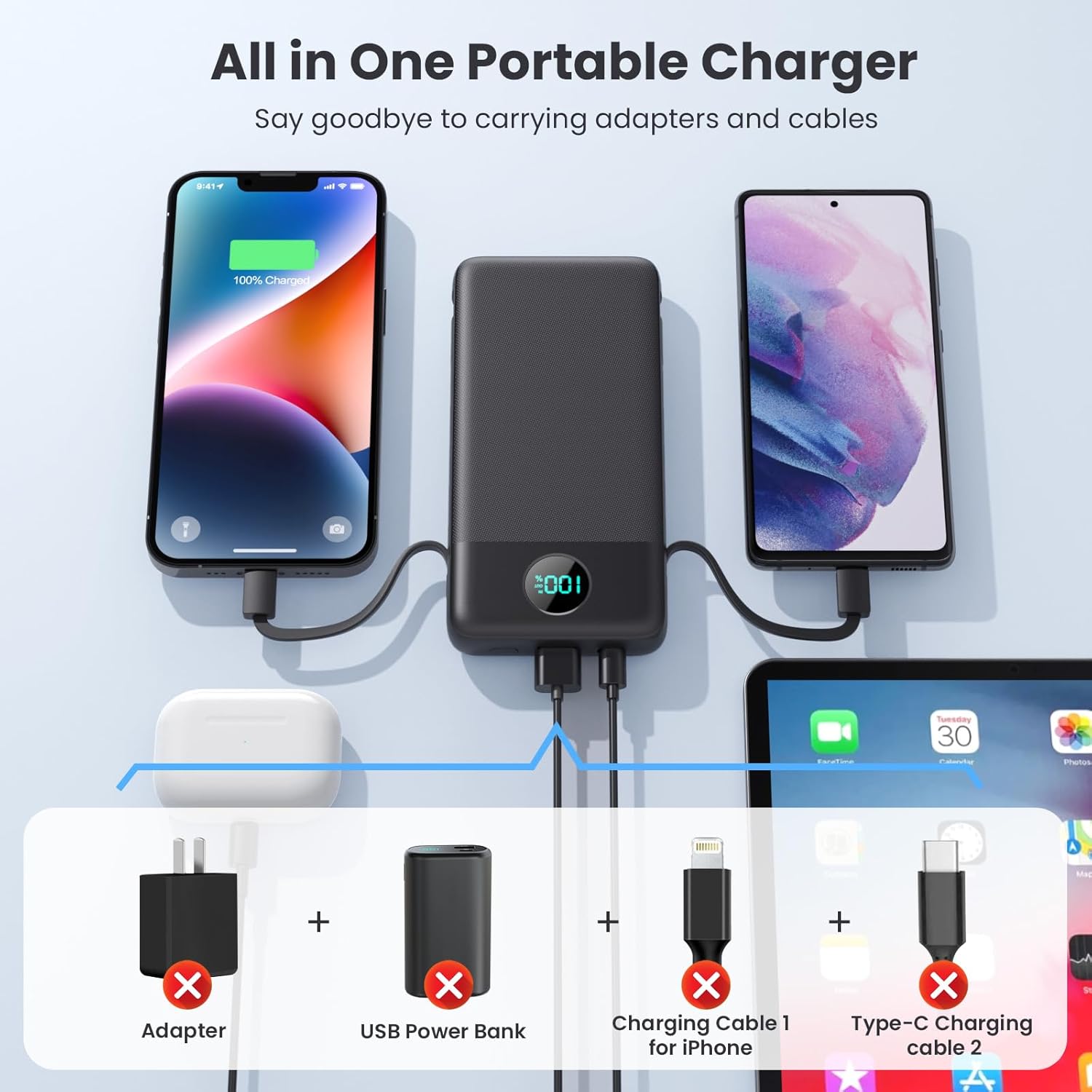 Portable Charger USB C Power Bank with 2 Built in Cables & AC Wall Plug,13800mAh Portable Battery Pack Fast Charging Compact LED Display Universal Compatible with iPhone 16/15,Galaxy S23,Tablets etc - Image 8