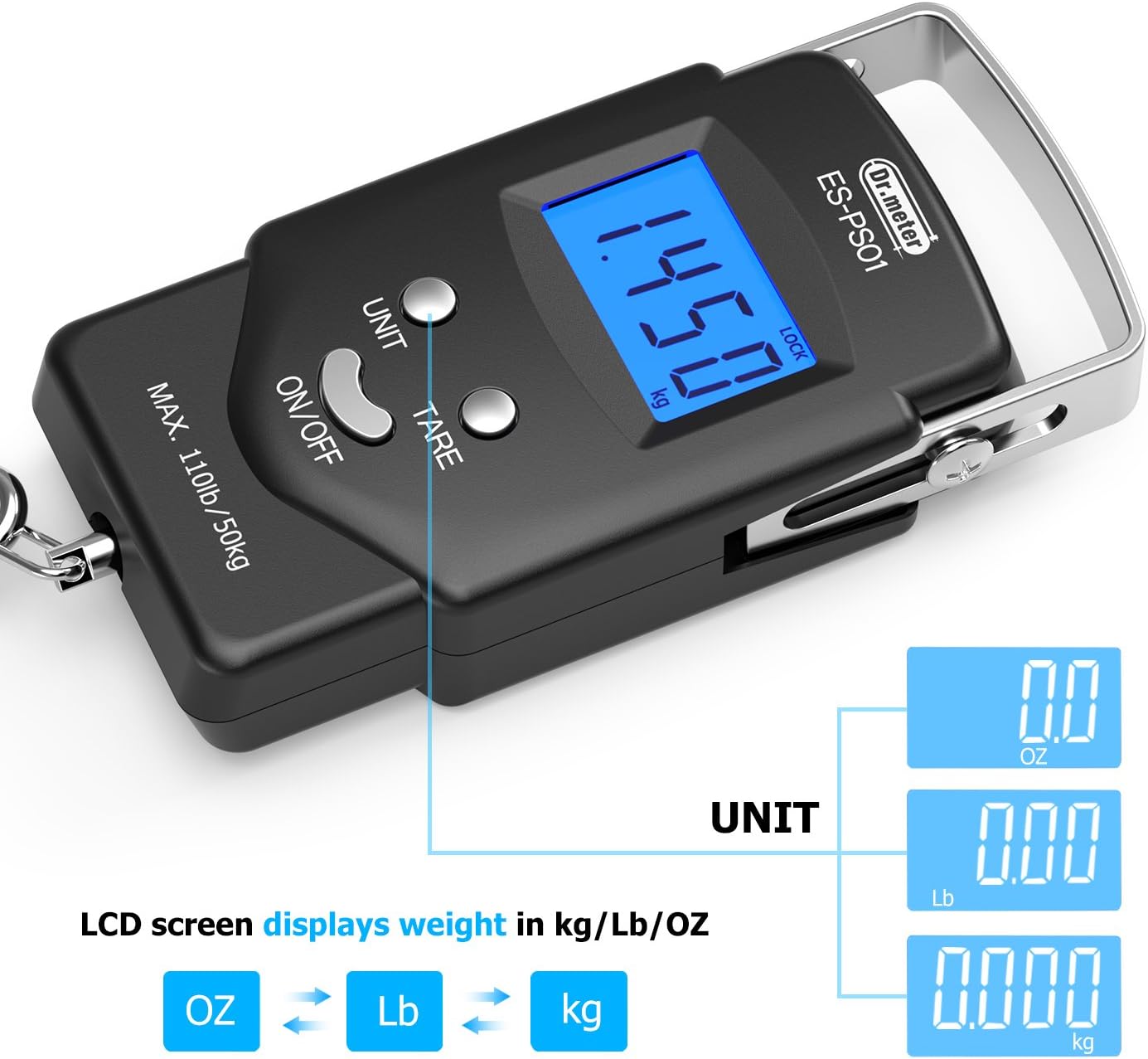 Dr.meter Fish Scale - PS01 110lb/50kg Backlit LCD Display Digital Scale with Built-in Measuring Tape - Fishing Scale with 2 AAA Batteries, Pocket Size - Fishing Gifts for Men - Image 4