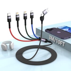 10FT 4-in-1 Apple Multi Long Charge Cord with Multiple Devices for Uber,USB A/Type C to Lightning*2+USB C+Micro USB Multi Head Phone Car Charger Combo for iPhone 16 1514/iPad/Samsung/Android/Huawei