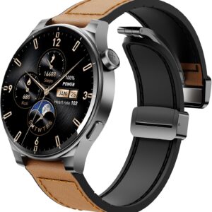 TOZO AMOLED S5 Smart Watch (Answer/Make Calls), 1.43’’ HD Screen for Men Women 100+ Sport Modes Fitness Watchs with Blood Oxygen/Sleep/Heart Rate Monitor, IP68 Waterproof, Leather Band Orange