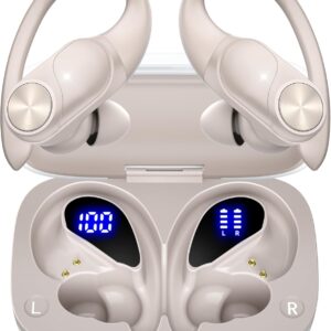 PocBuds Bluetooth Headphones Wireless Earbuds 80hrs Playtime Wireless Charging Case Digital Display Sport Ear buds with Earhook Deep Bass IPX7 Waterproof Over-Ear Earphones for Phone Laptop Pearl Gray