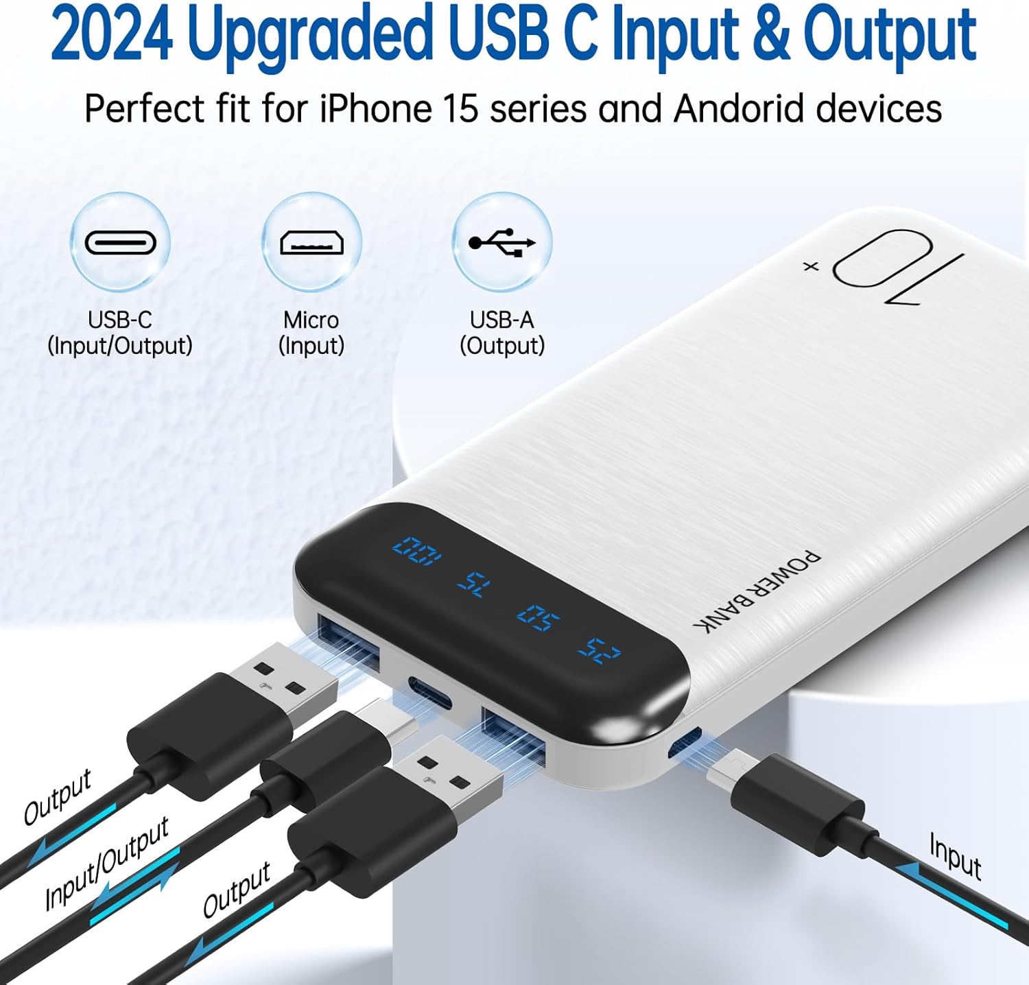 Power Bank 10000mAh Portable Charger Slim External Battery Pack with 2 USB 2.4A Outputs and USB C in/Out Compatible with Huawei iPhone 16 15 14 13 12 iPad Samsung Galaxy S20 Android Tablet (White) - Image 2