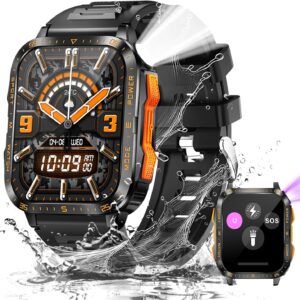 Military Smart Watch for Men with LED Flashlight/UV Light 3ATM Waterproof 1.96" Big Screen Rugged Tactical Smartwatch with Text and Call Fitness Tracker with HR/SPO2/Blood Pressure for iPhone Android