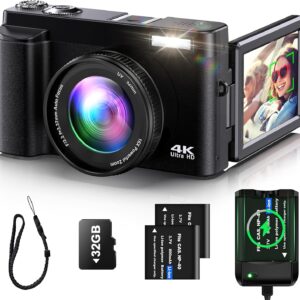 4K Digital Camera for Photography Auto-Focus Vlogging Camera for YouTube Video with 3'' 180° Flip Screen 16X Anti-Shake 4K Camera Compact Cameras with SD Card, Flash, 2 Batteries & Battery Charger