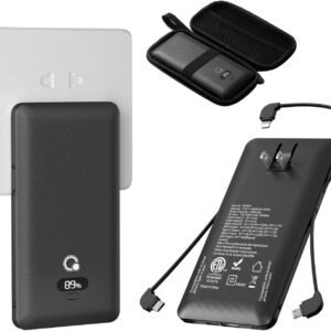 10000mAh Portable Charger with Built-in Cables and AC Wall Plug, USB C Fast Charging Power Bank with 3 Cords,5 Output External Battery Pack Compatible with iPhone,Tablet and All Smart Phones Black