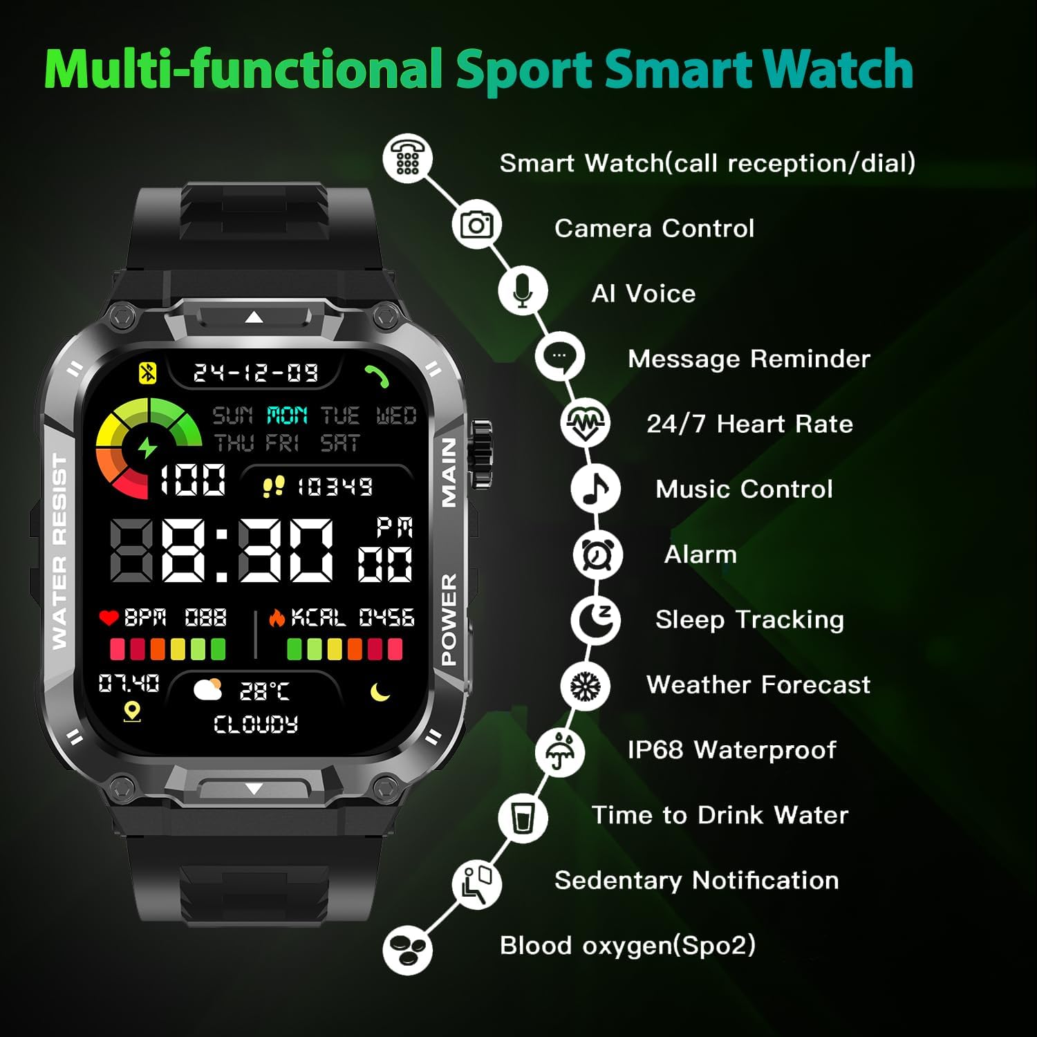 Military Smart Watch for Men with Call Function,Fitness Smartwatch for Android Phones and iPhone,Waterproof Fitness Tracker with Blood Oxygen/Heart Rate/Sleep/100+ Sport Modes, Watches for Men - Image 2