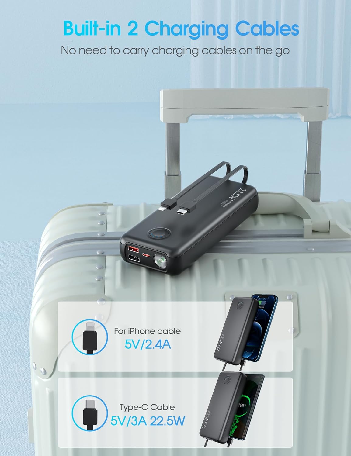 Portable Charger with Built in Cables-22.5W PD20W Fast Charging Power Bank 27,000mAh Battery Pack with Flashlight, Compatible with iPhone Samsung etc(1 Pack) - Image 6