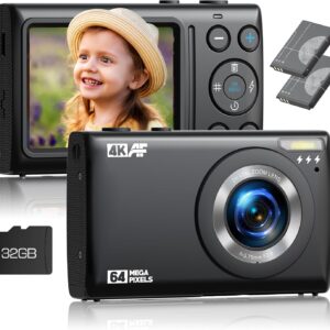 Digital Camera 4K 64MP with 32GB Card, Point and Shoot Digital Camera with 18X Digital Zoom, 2 Batteries, Compact Small Camera for Teens Kids Boys Girls