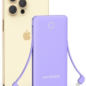 miisso 10000mAh Slim Portable Charger with Built in Cable, Power Bank Travel Charger External Battery Pack for Phone, 4 Output USB Type C Cord Clutch Charger Compatible with iPhone, Purple