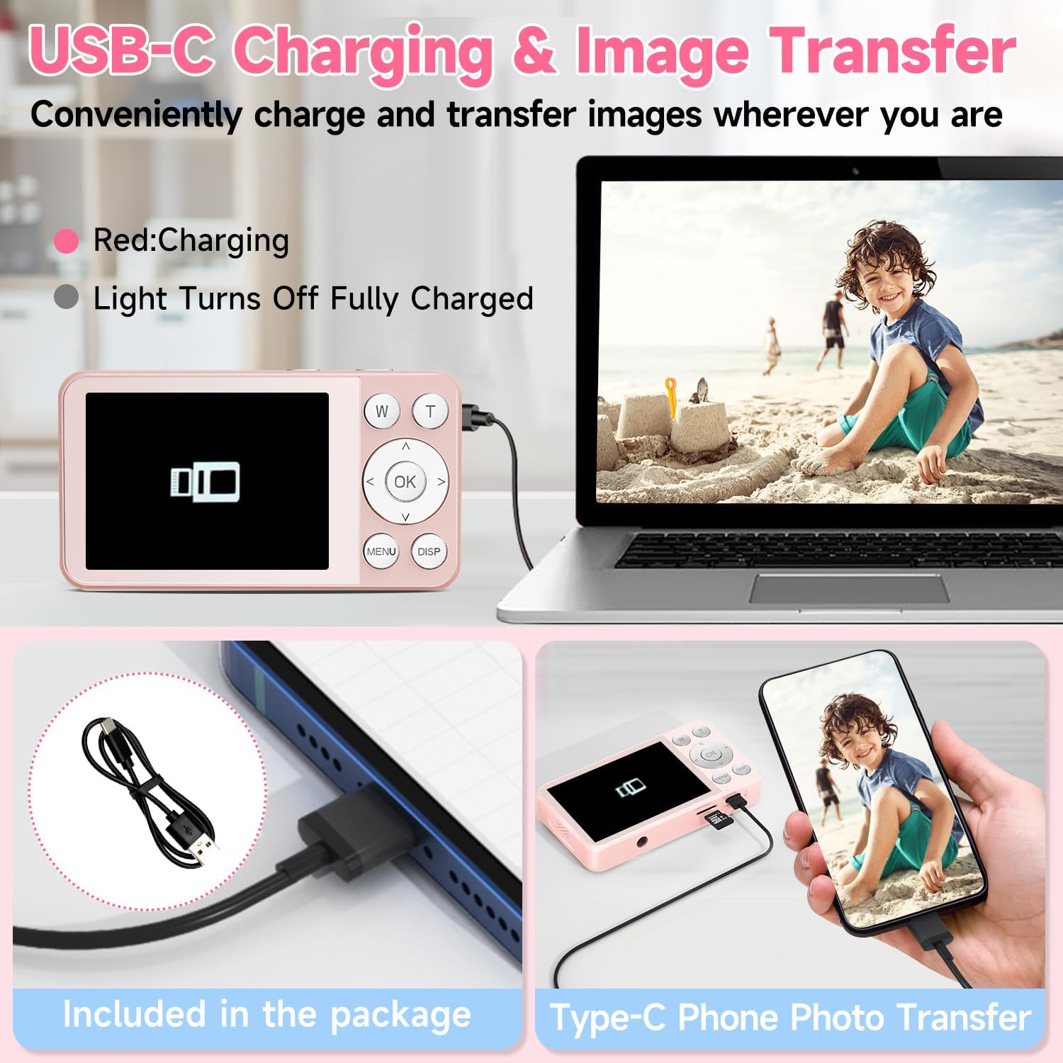 Digital Camera, Autofocus 4K 64MP Point and Shoot Digital Cameras for Teens with 64GB Card, 18X Zoom Anti-Shake Compact Video Camera for Student Kids Boys Girls Beginner - Pink - Image 6