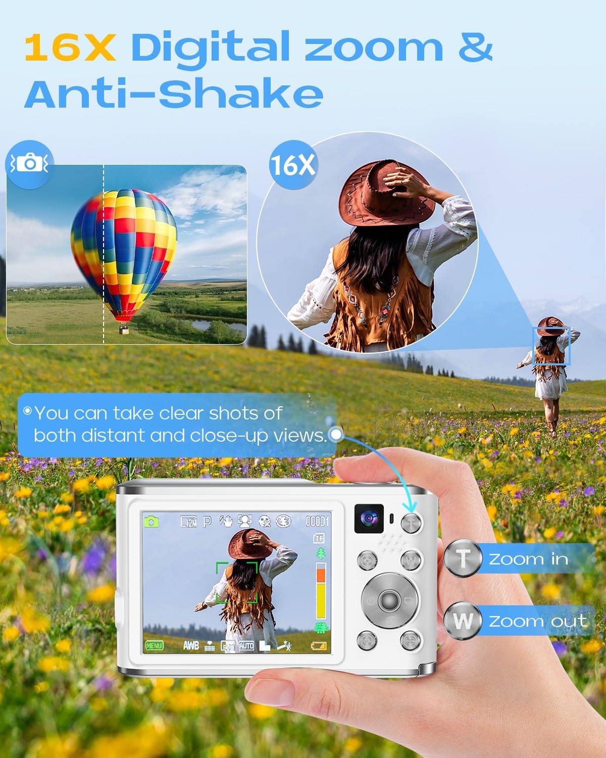 Digital Camera, UHD 4K Digital Camera with Front and Rear Camera, Autofocus 48MP 16X Digital Zoom Vlogging Camera with 32GB Card, 2.8 Inch Screen Compact Photo Shoot Camera for Beginners(White) - Image 5