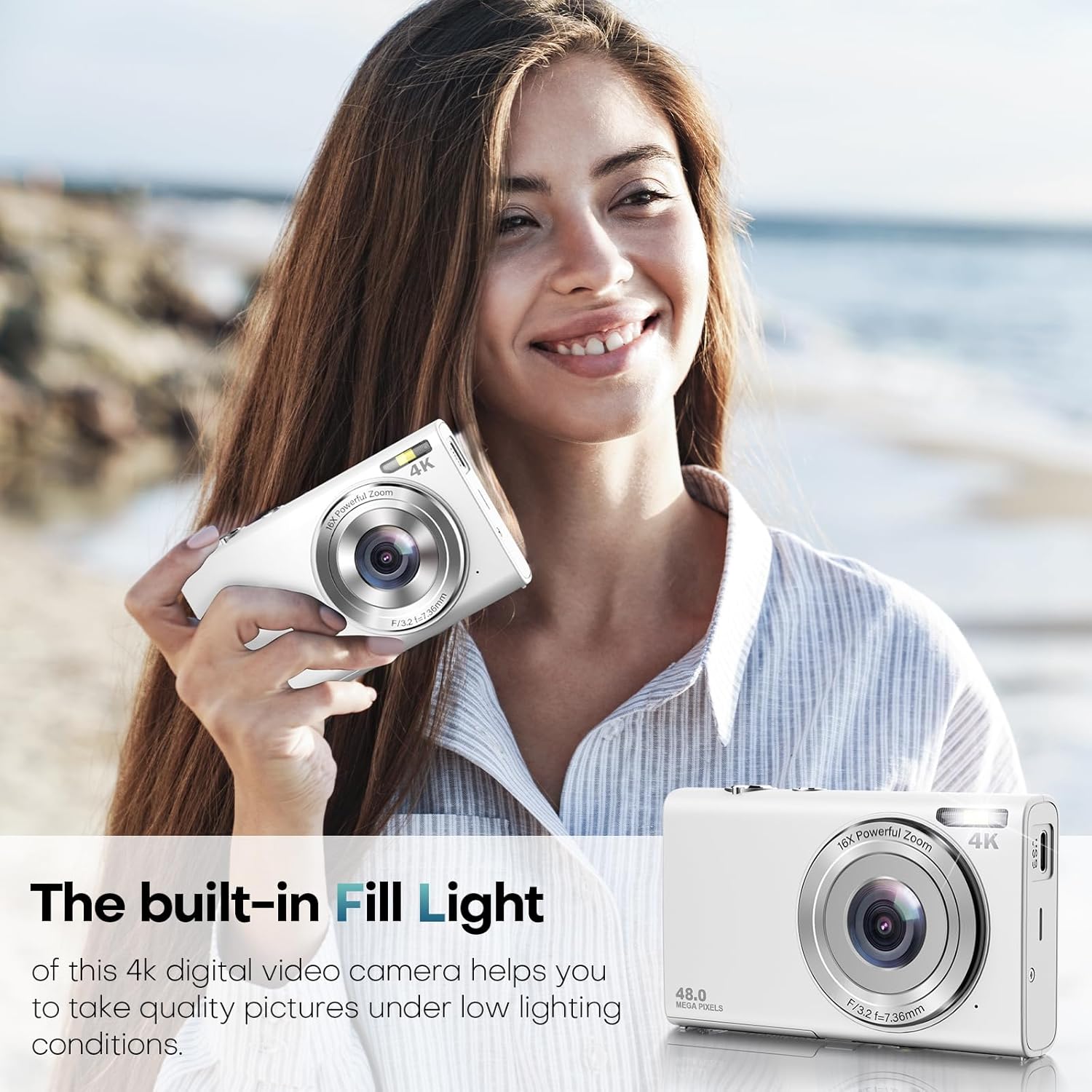 Digital Camera, Autofocus UHD 4K Vlogging Camera with 32GB Card, 48MP 16X Digital Zoom Digital Camera, Anti-Shake Portable YouTube Compact Point Shoot Camera for Teens Adult Beginner(White) - Image 5