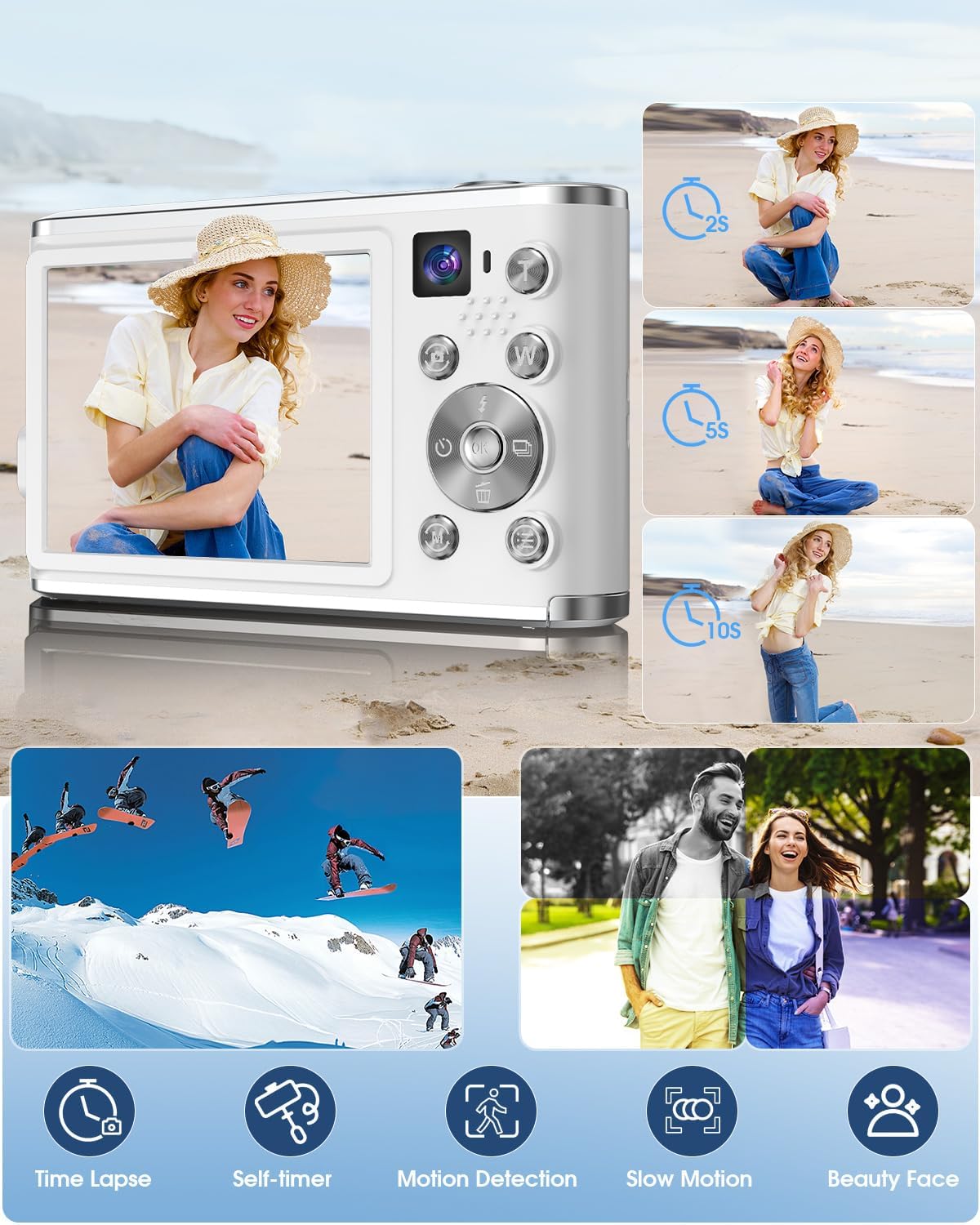 Digital Camera, UHD 4K Digital Camera with Front and Rear Camera, Autofocus 48MP 16X Digital Zoom Vlogging Camera with 32GB Card, 2.8 Inch Screen Compact Photo Shoot Camera for Beginners(White) - Image 6